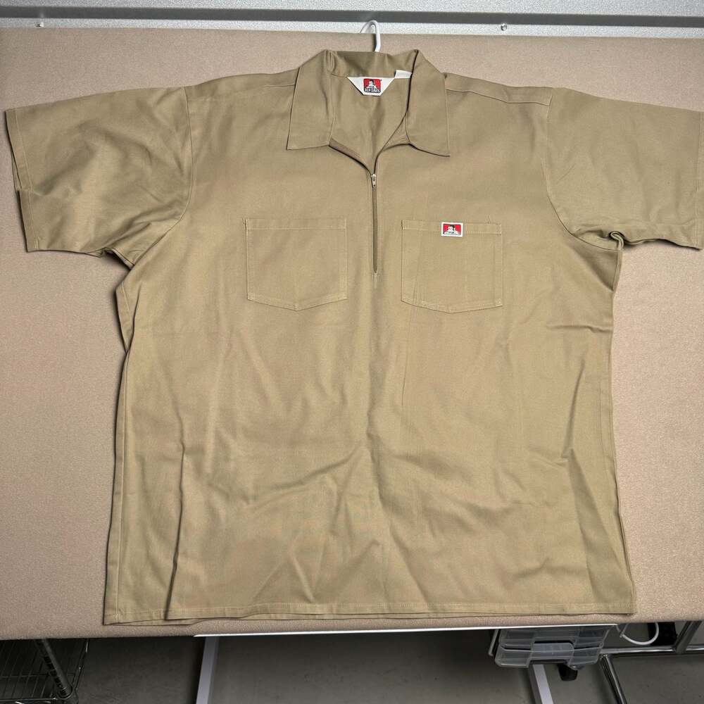Ben Davis Men Short Sleeve Solid 1/2 Zip Work Shirt Khaki Size 3XL Made in USA